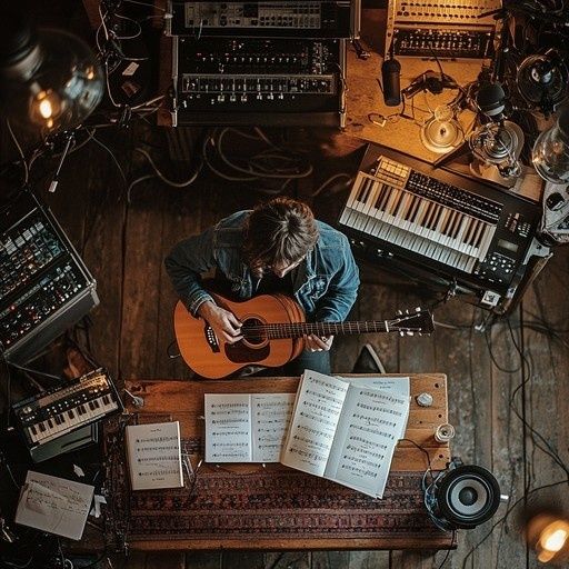 Musician writing music with guitar amid studio gear and sheet music